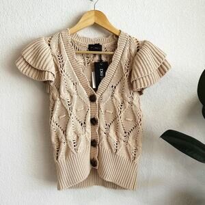 Driftwood Crochet Button Top Medium Ruffle Sleeve Sheer Boho Cottage Prairie New